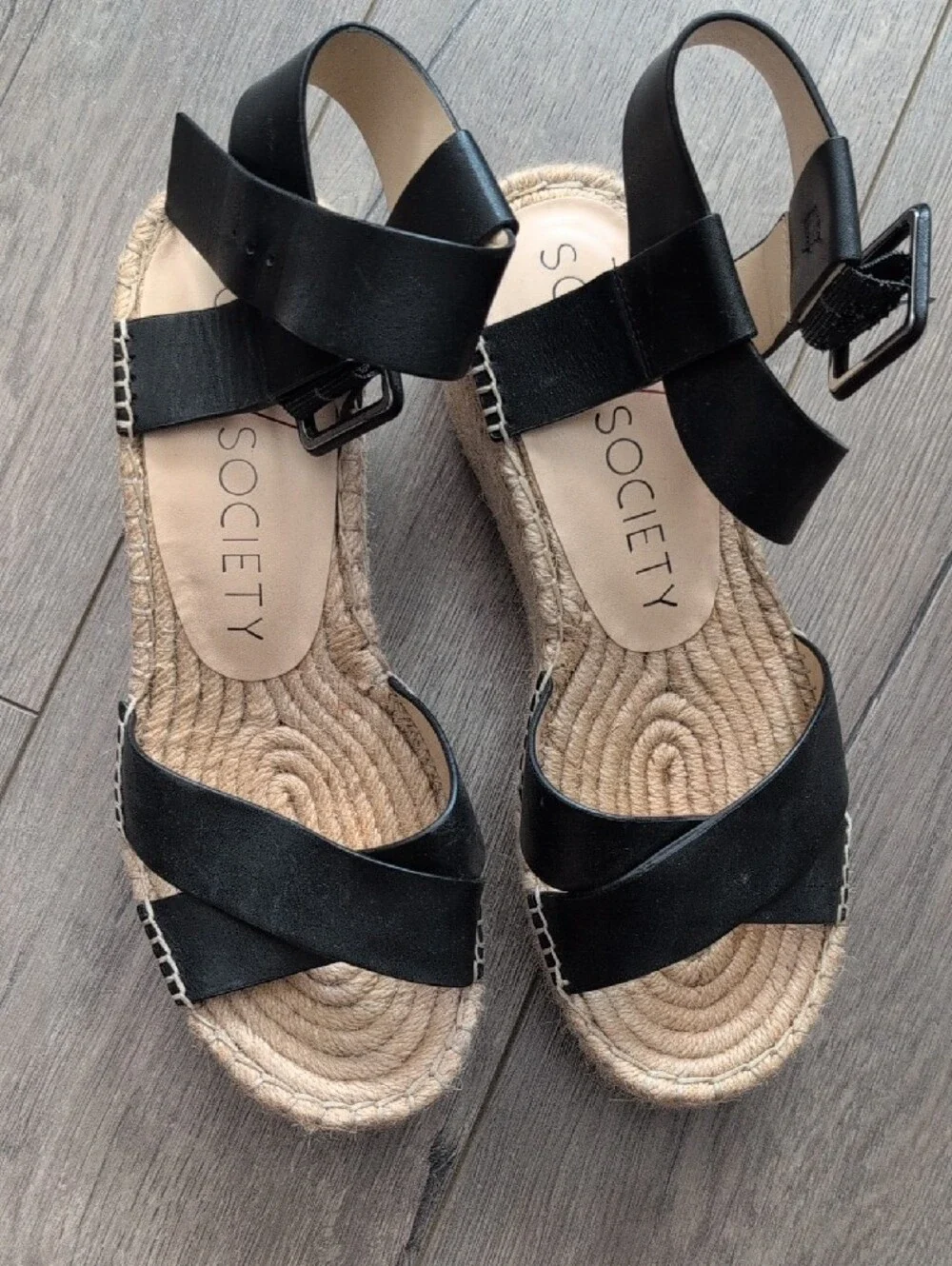Society Black Espadrille Platform Sandals with Ankle Buckle